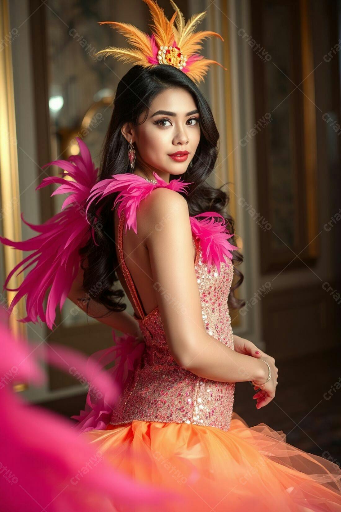 Modelo asiática em vestido rosa e laranja com penas