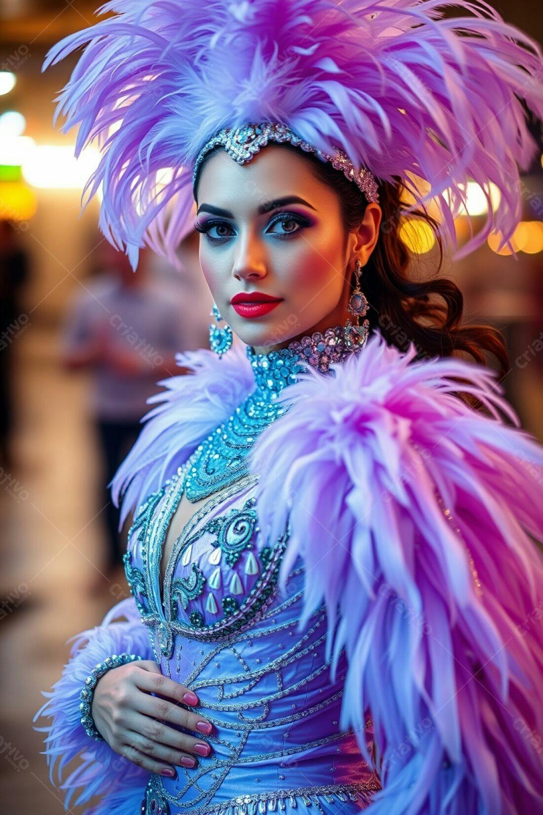 Bailarina em traje de penas roxas e azuis