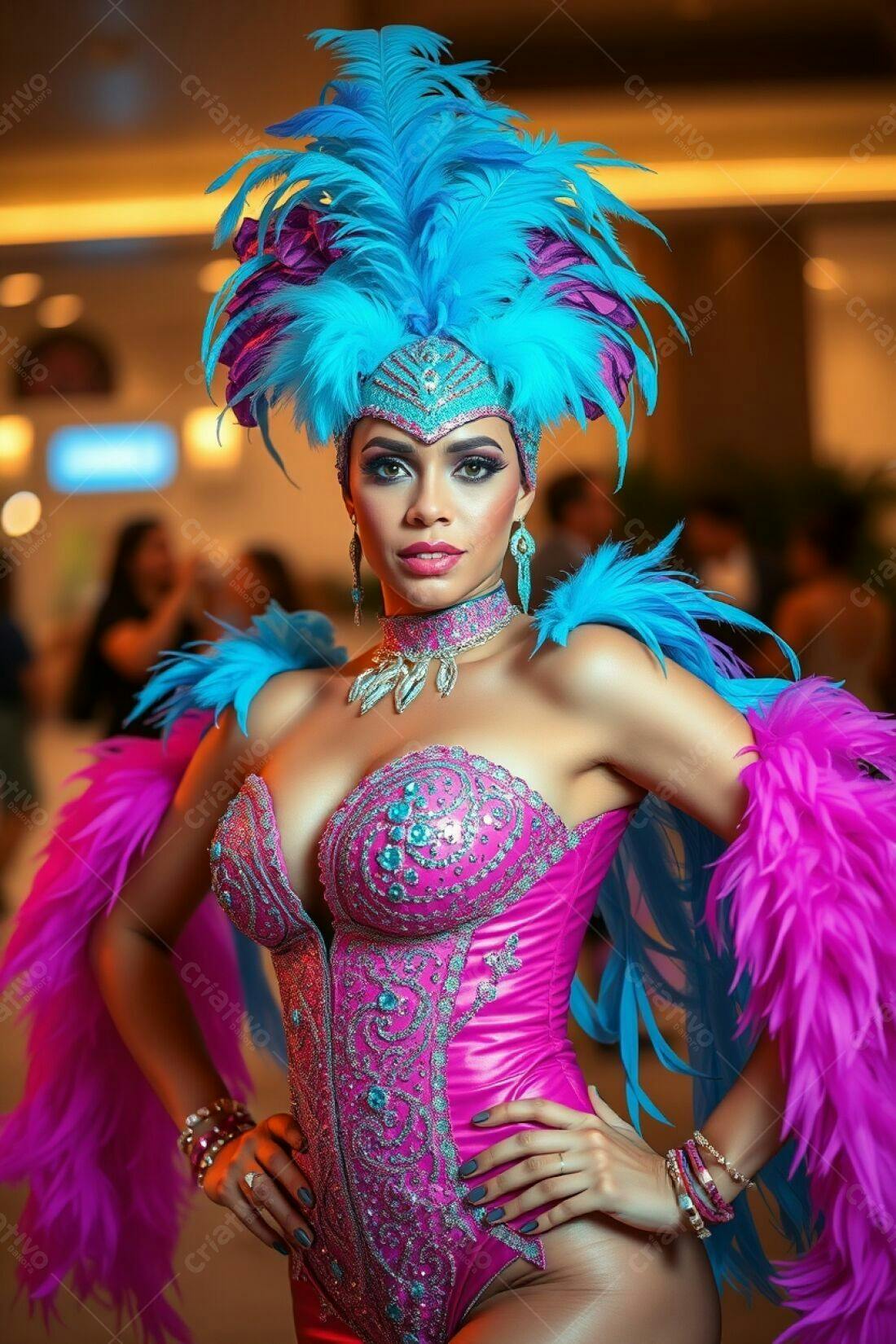 Bailarina em fantasia rosa e azul com plumas