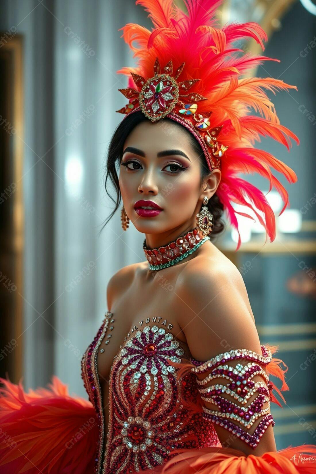 Modelo com fantasia de Carnaval em tons de laranja e vermelho