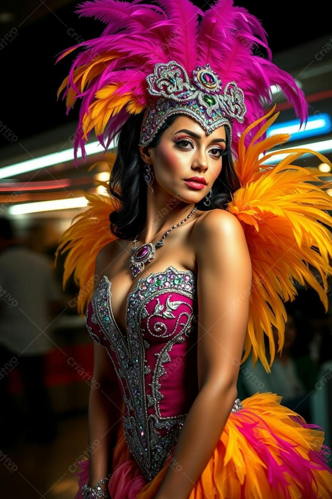 Modelo com fantasia de Carnaval rosa e laranja
