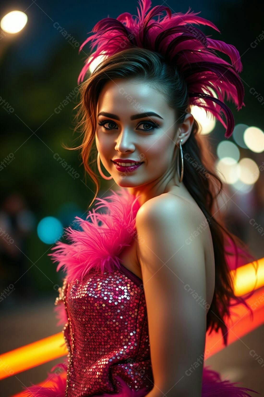 Bailarina em vestido rosa com plumas noite