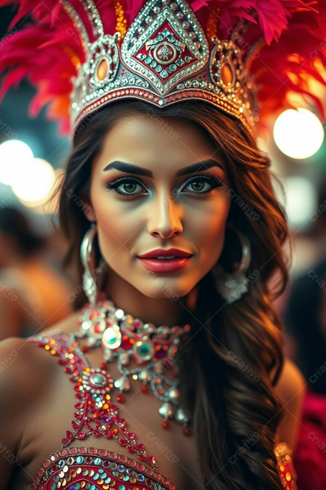 Modelo com coroa de penas vermelhas e joias