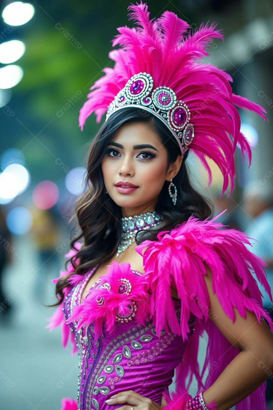 Modelo com fantasia rosa em desfile