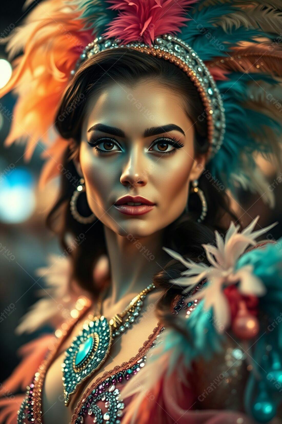 Mulher com fantasia de penas colorida