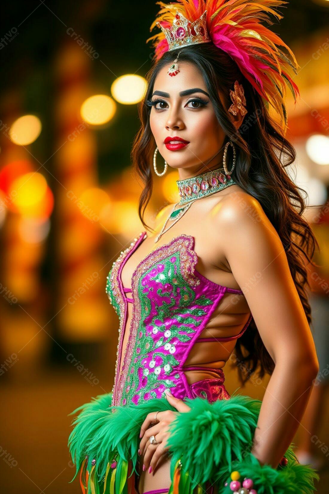 Modelo em fantasia carnavalesca rosa e verde