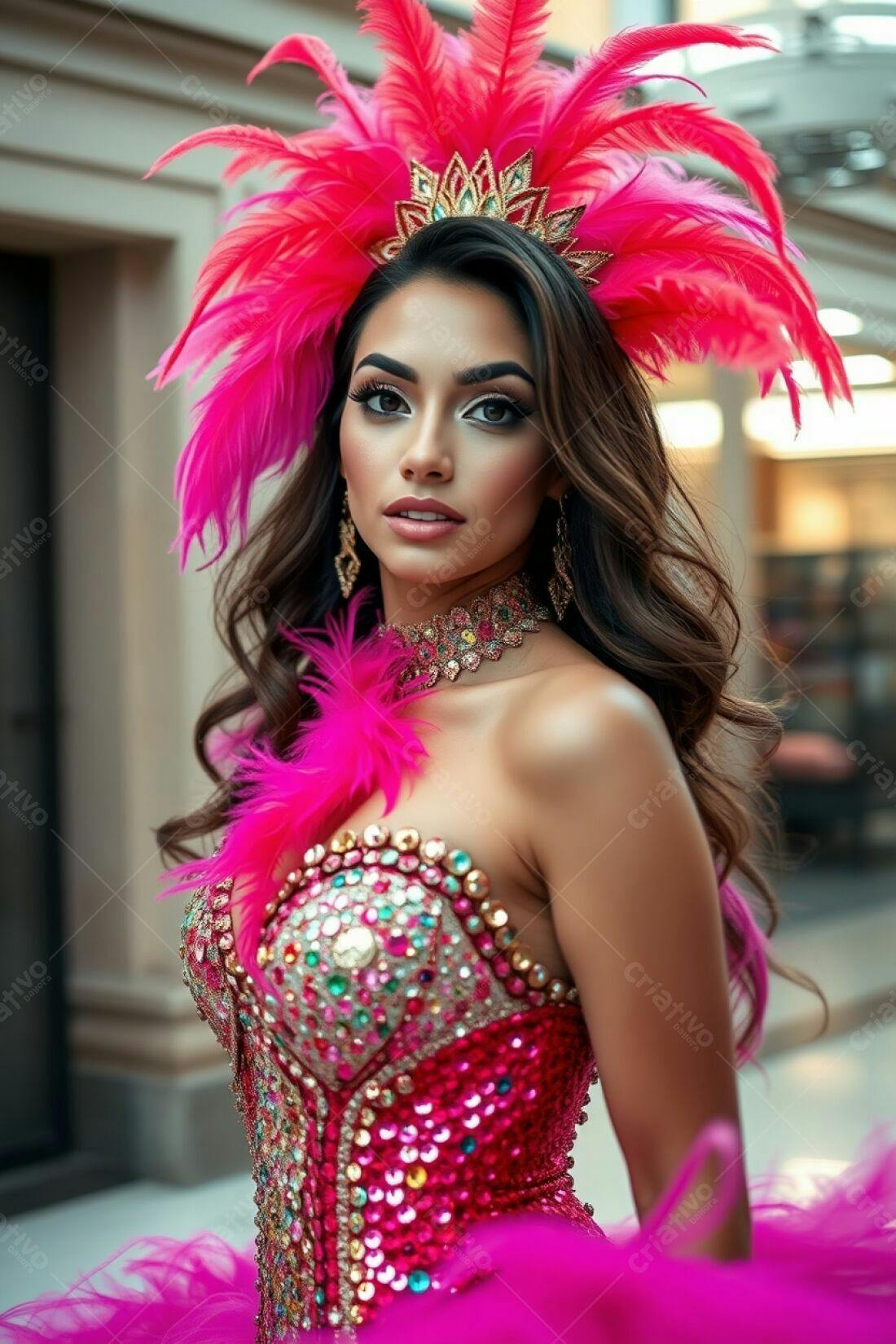 Modelo usando fantasia rosa em desfile de carnaval