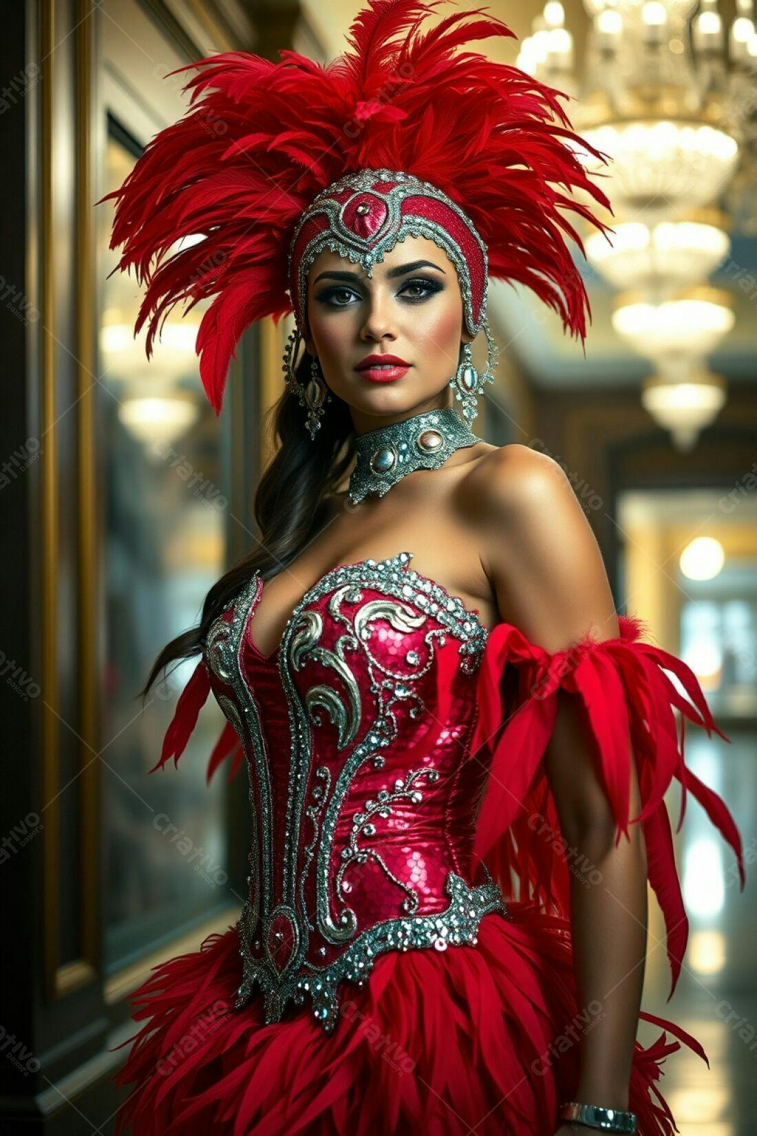 Modelo vestindo fantasia vermelha e prateada