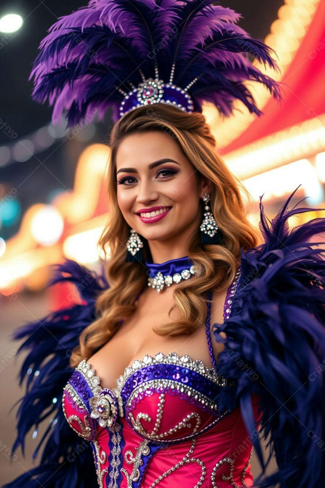 Bailarina sorridente em fantasia roxa e rosa