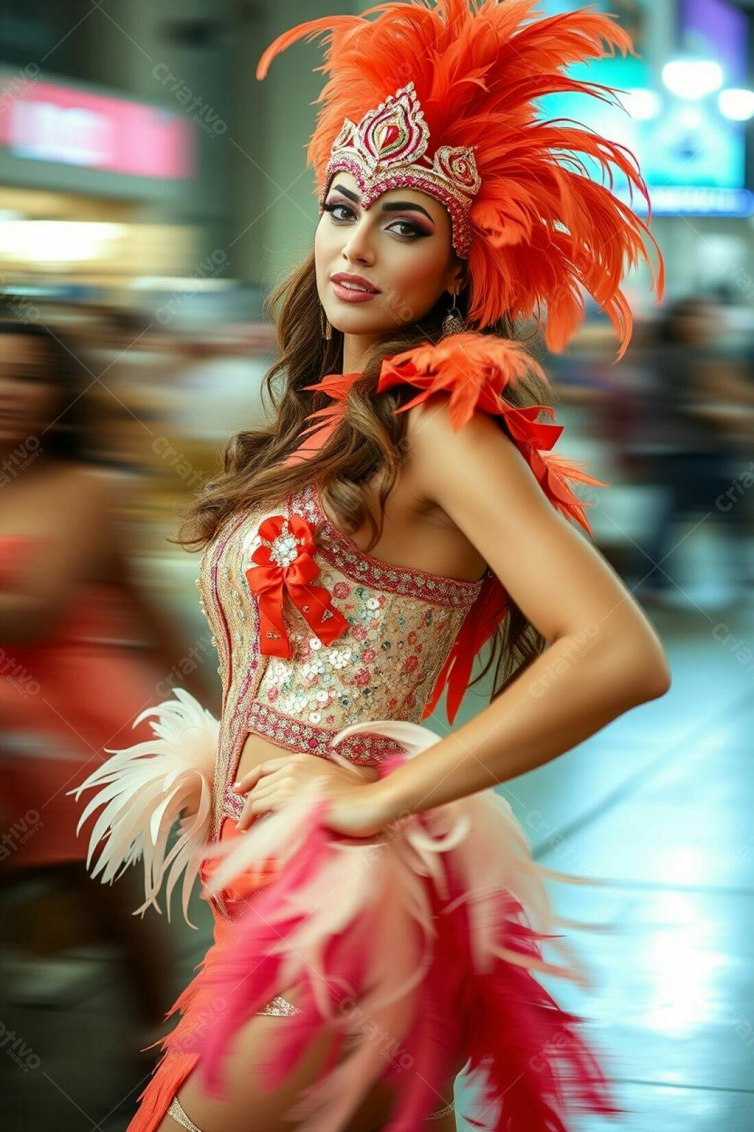 Modelo em fantasia de Carnaval laranja e rosa