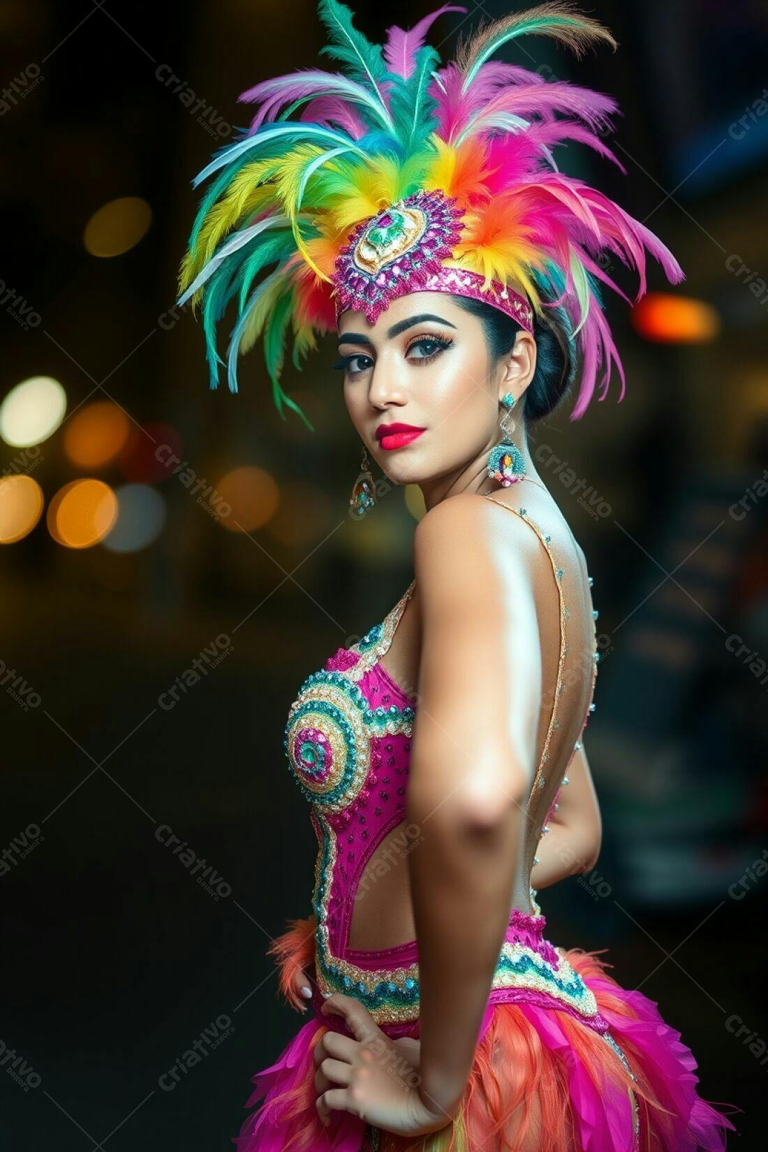 Mulher em fantasia de carnaval com plumas vibrantes