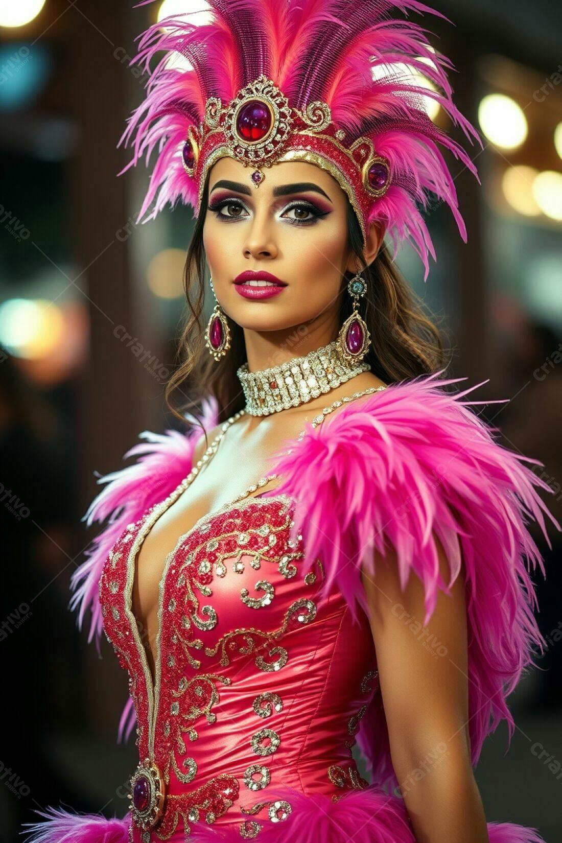 Modelo com fantasia rosa e penas para Carnaval