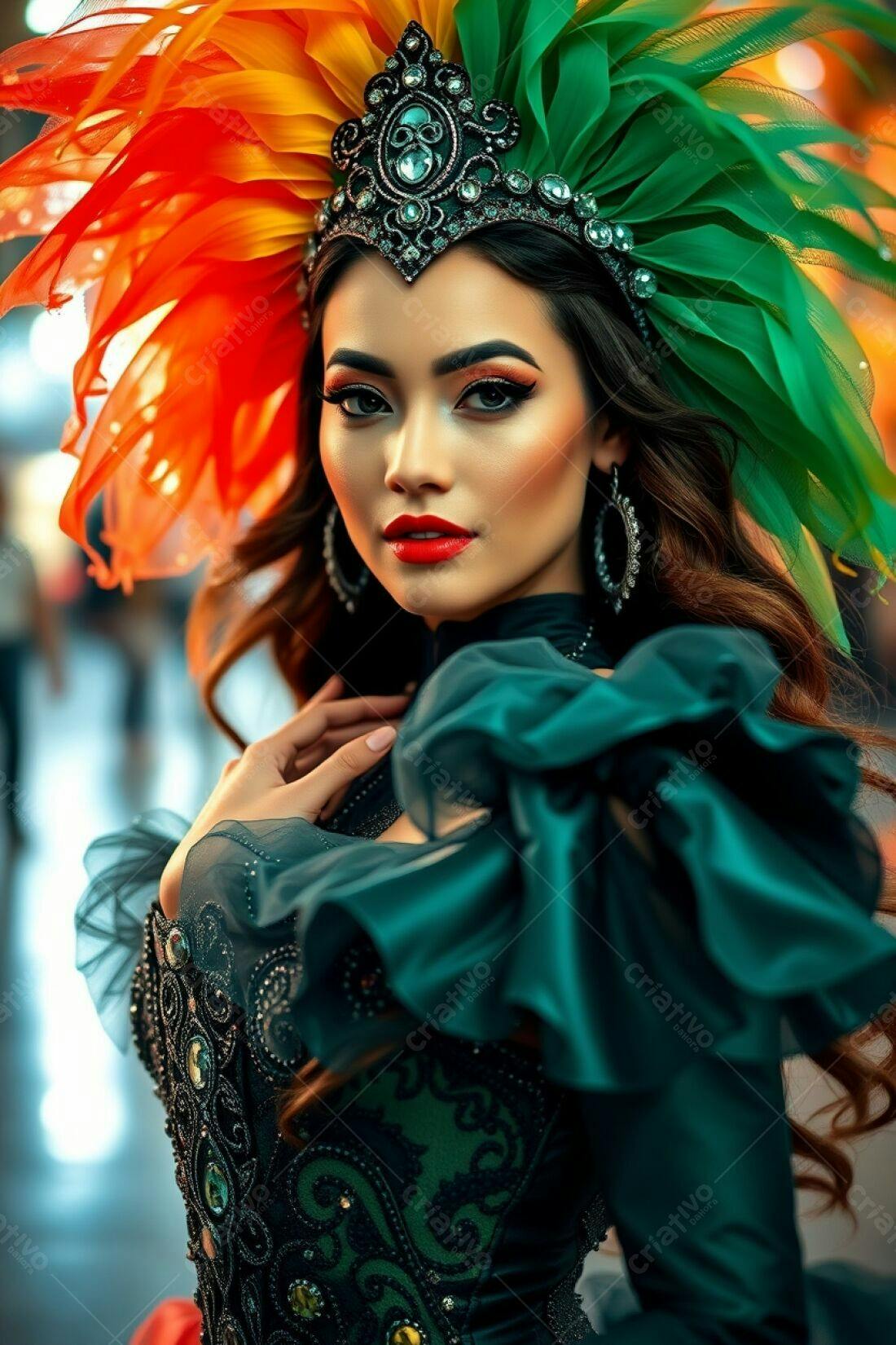Modelo usando fantasia de Carnaval com penas
