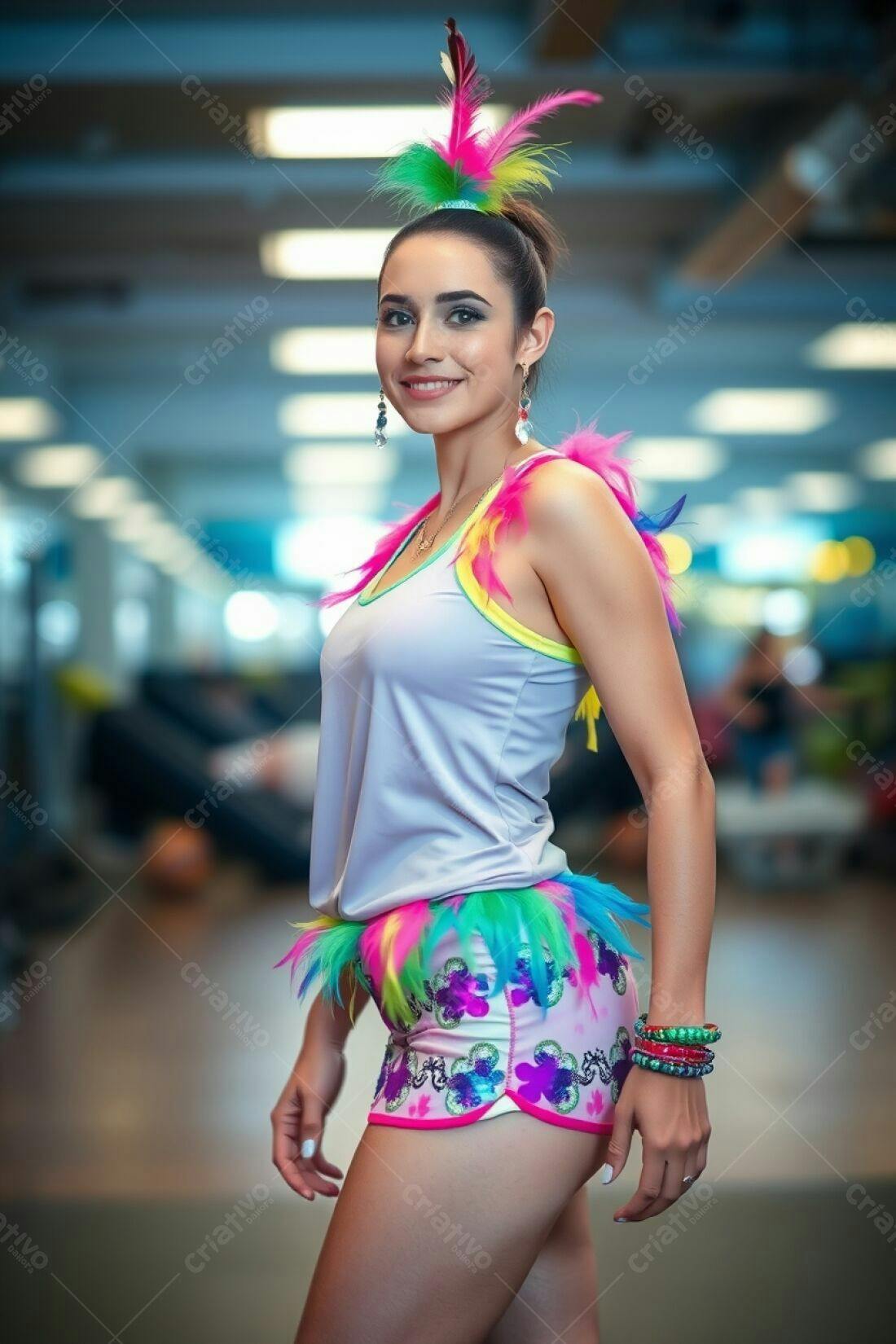 Modelo sorrindo com roupa colorida em academia