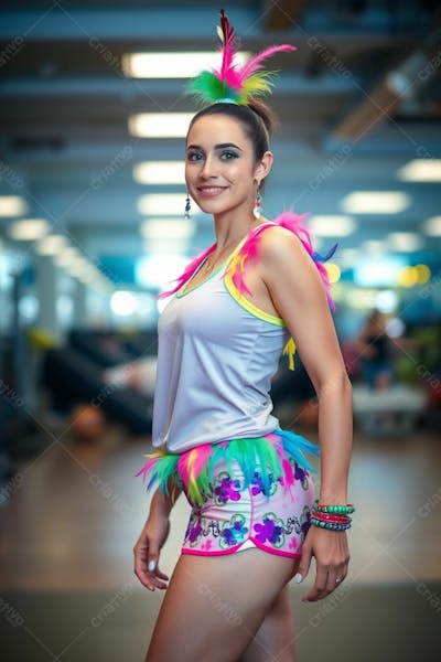 Mulher Aluna De Academia Com Fantasia De Roupa De Carnaval Colorida