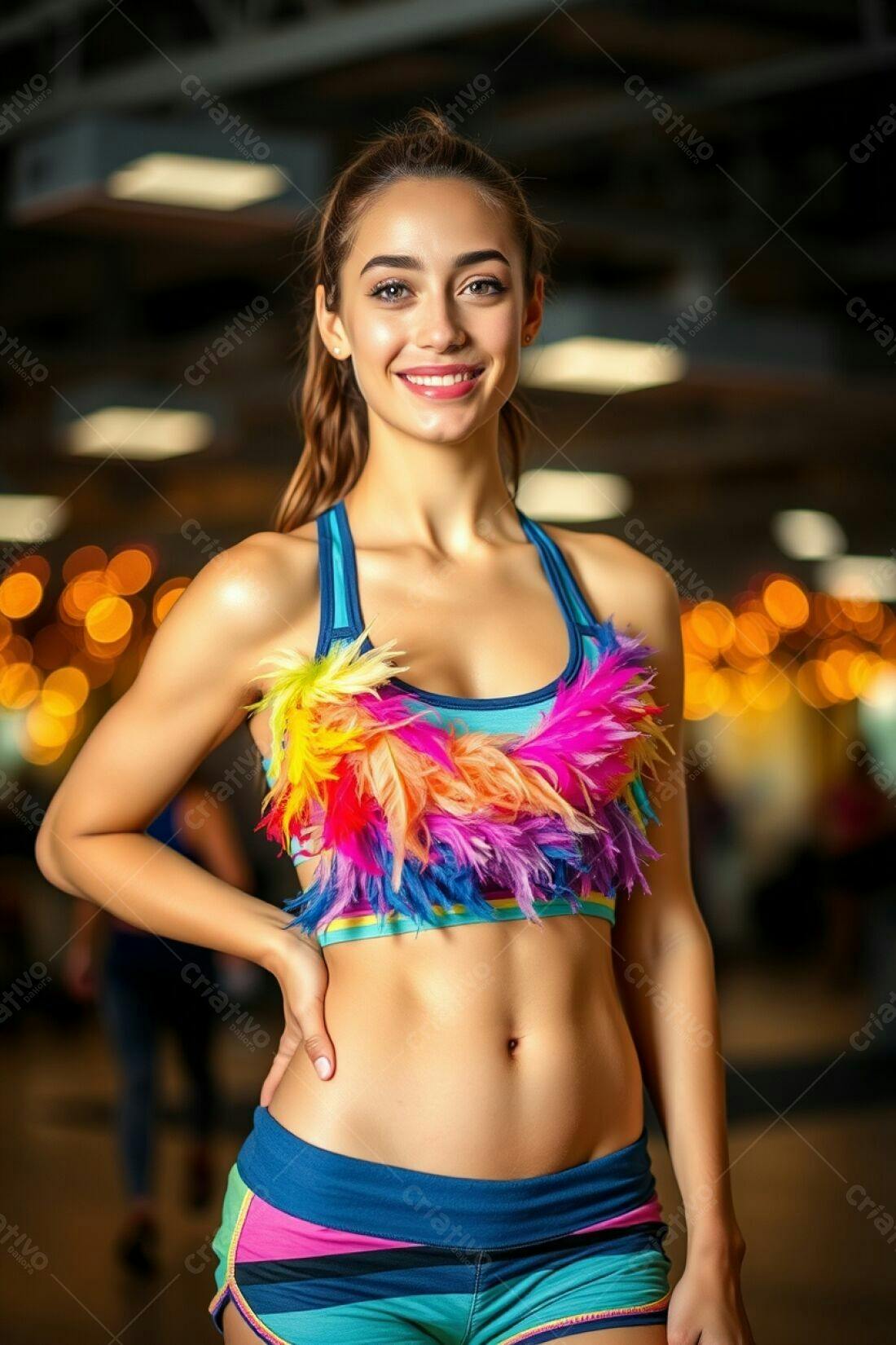Mulher sorridente em roupa esportiva colorida