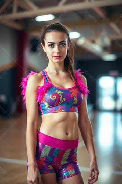 Mulher Aluna De Academia Com Fantasia De Roupa De Carnaval Colorida