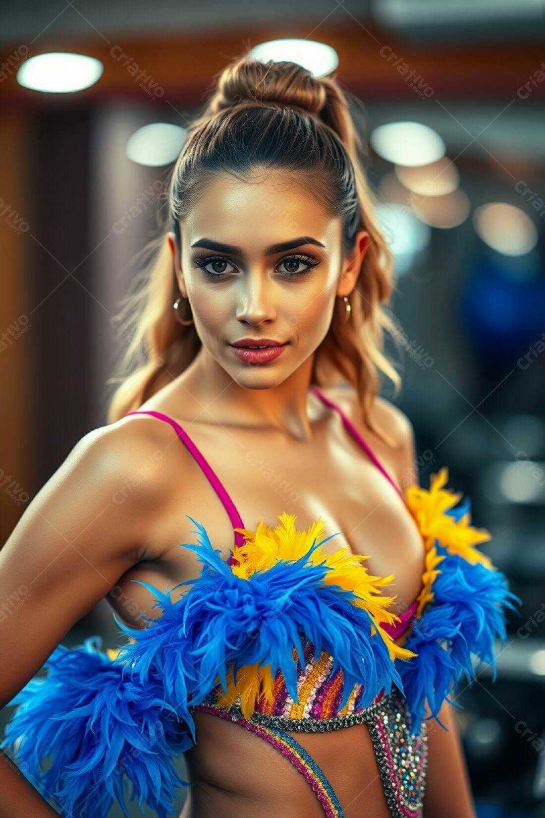 Modelo usando fantasia de Carnaval azul e amarela