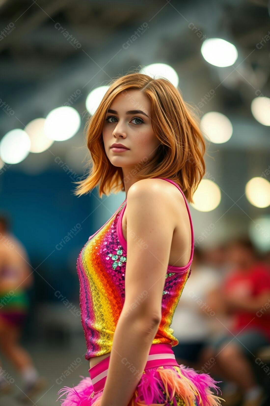 Modelo ruiva em top brilhante