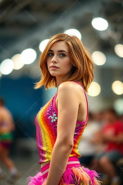 Mulher Aluna De Academia Com Fantasia De Roupa De Carnaval Colorida