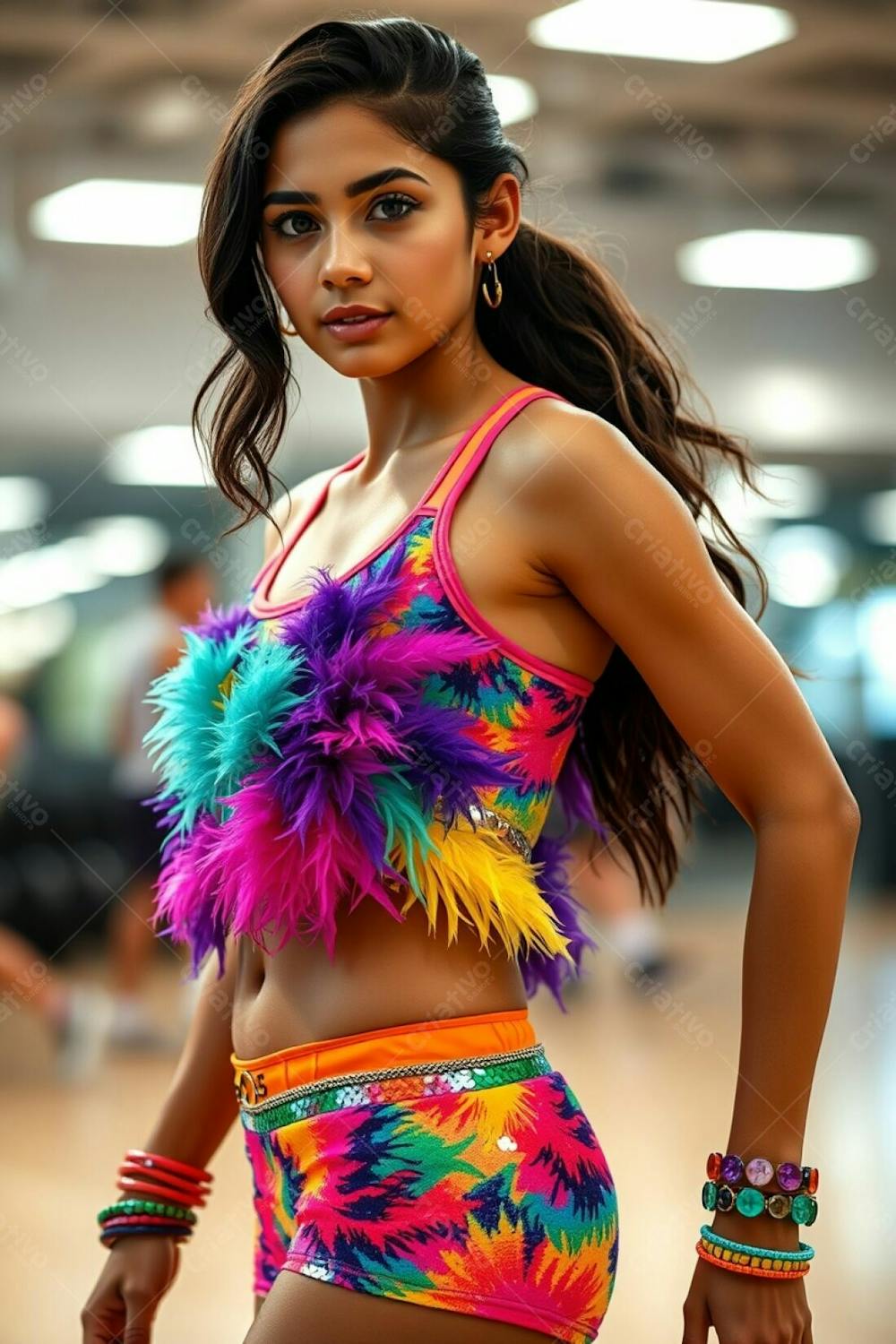 Mulher Aluna De Academia Com Fantasia De Roupa De Carnaval Colorida