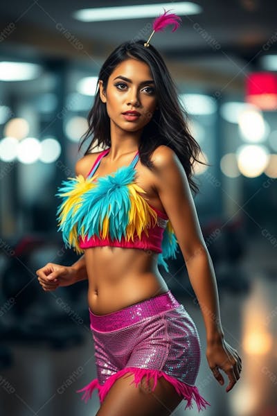 Mulher Aluna De Academia Com Fantasia De Roupa De Carnaval Colorida