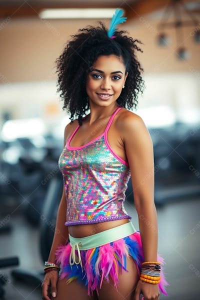 Mulher Aluna De Academia Com Fantasia De Roupa De Carnaval Colorida