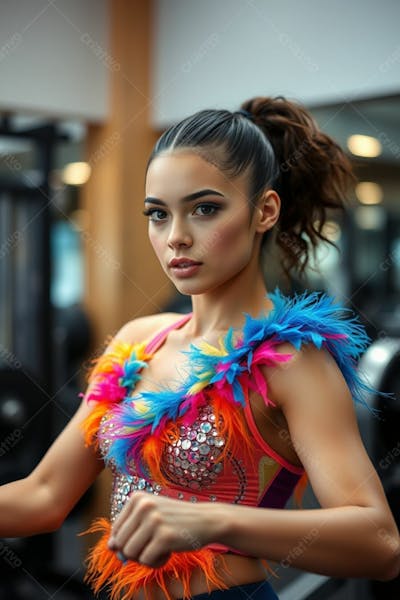 Mulher Aluna De Academia Com Fantasia De Roupa De Carnaval Colorida