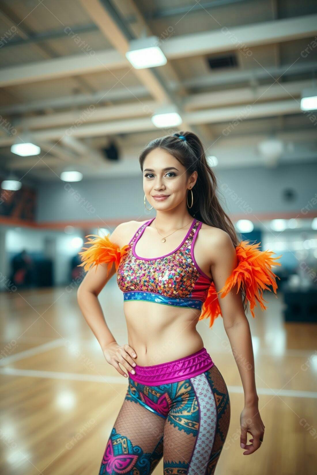 Bailarina sorridente em academia roupa colorida