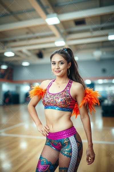 Mulher Aluna De Academia Com Fantasia De Roupa De Carnaval Colorida