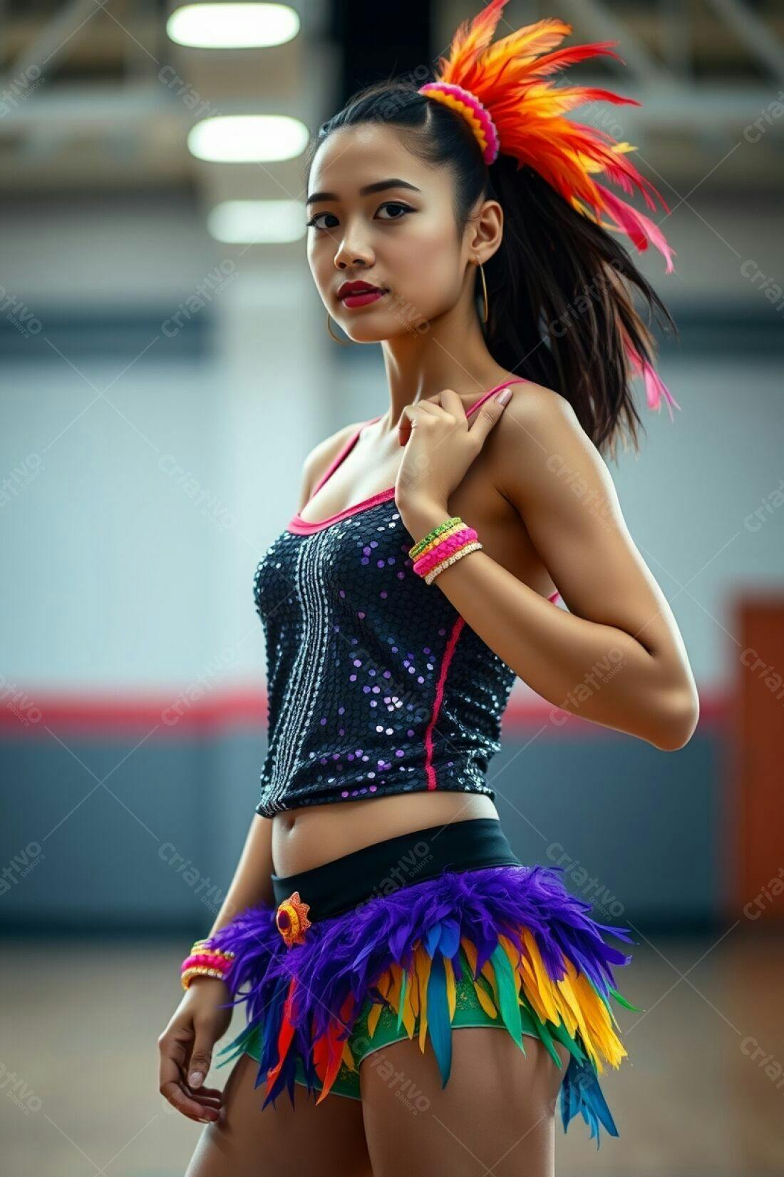 Bailarina com fantasia colorida em estúdio