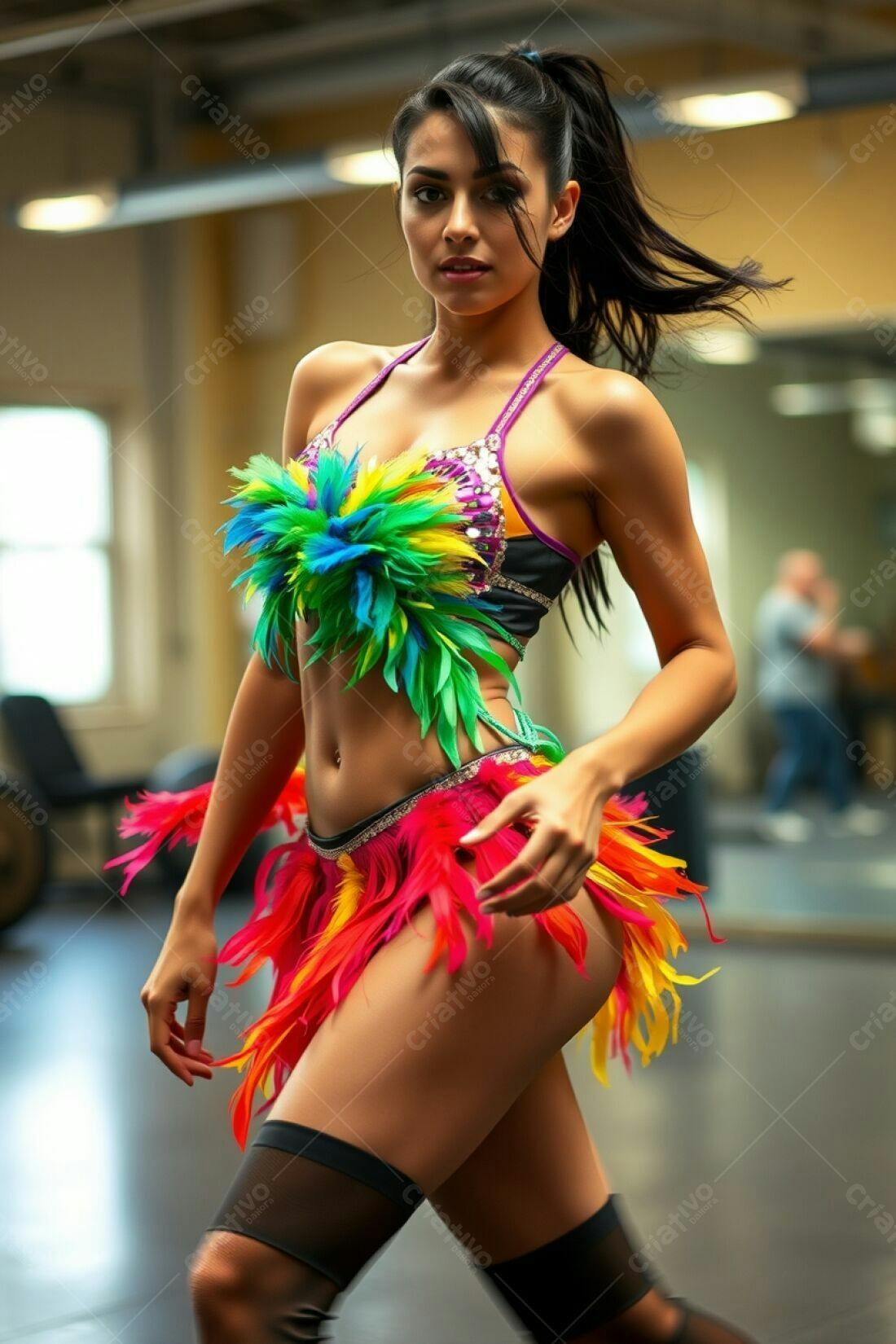 Bailarina em traje vibrante com penas