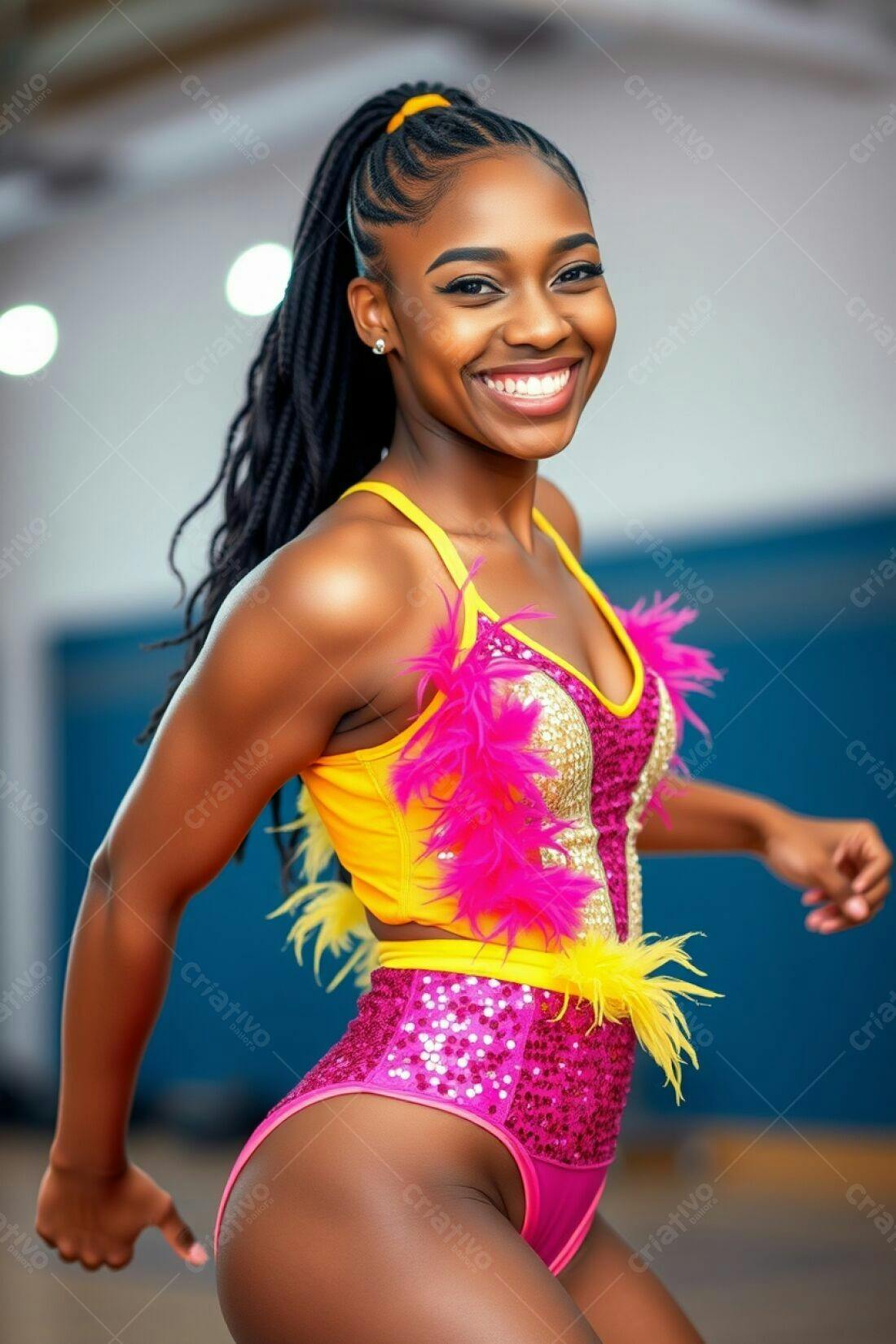 Bailarina sorridente em figurino rosa e amarelo