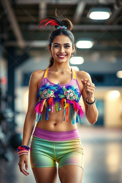 Mulher Aluna De Academia Com Fantasia De Roupa De Carnaval Colorida