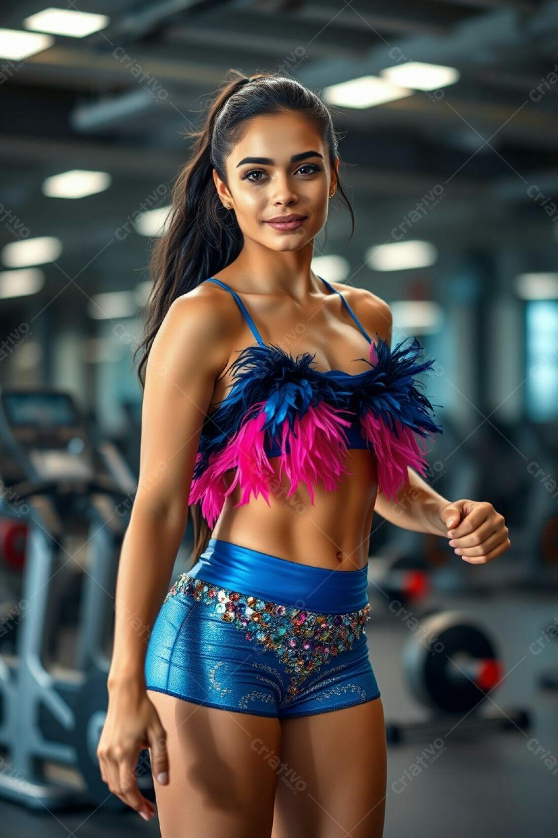 Mulher Fitness em Academia Azul e Rosa
