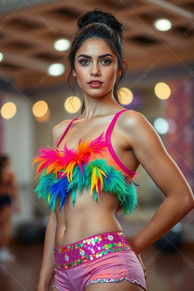 Mulher Aluna De Academia Com Fantasia De Roupa De Carnaval Colorida