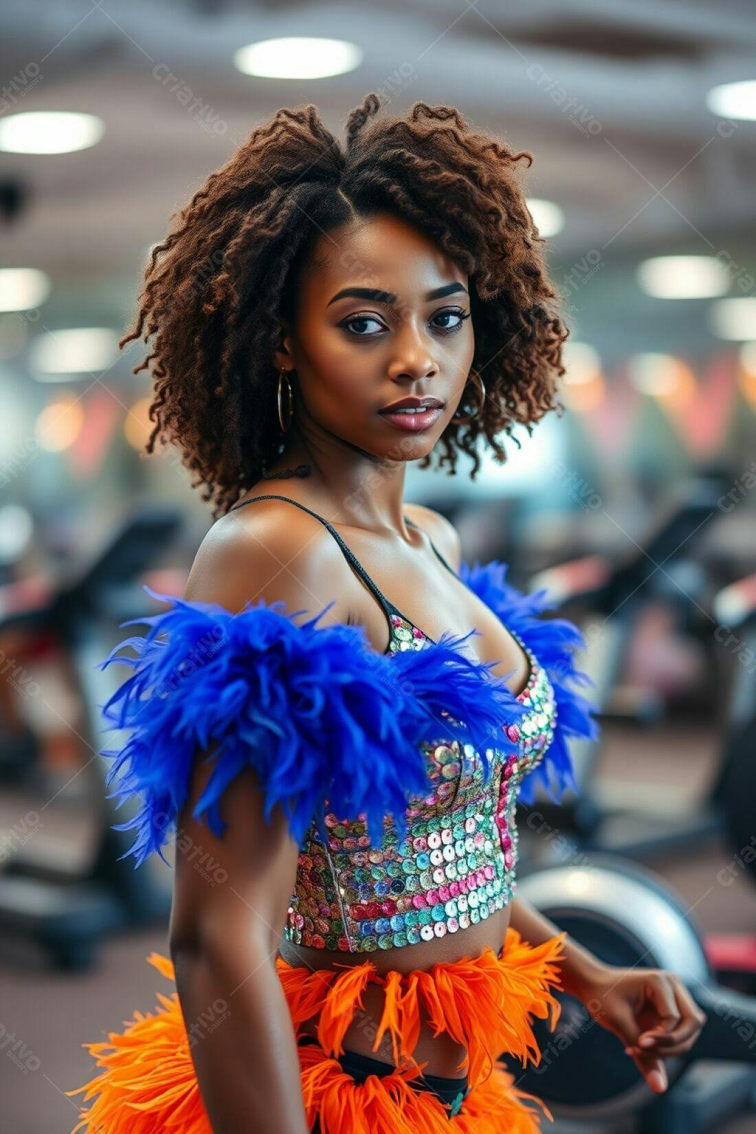 Mulher negra em fantasia de carnaval azul e laranja