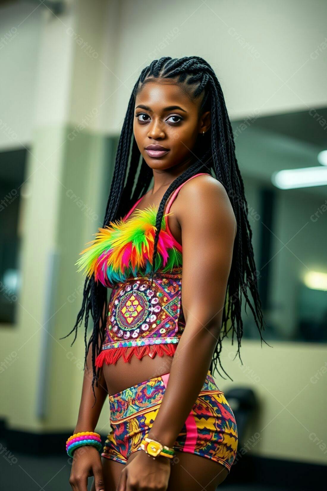 Modelo negra com tranças e roupa colorida
