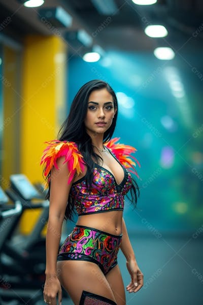 Mulher Aluna De Academia Com Fantasia De Roupa De Carnaval Colorida