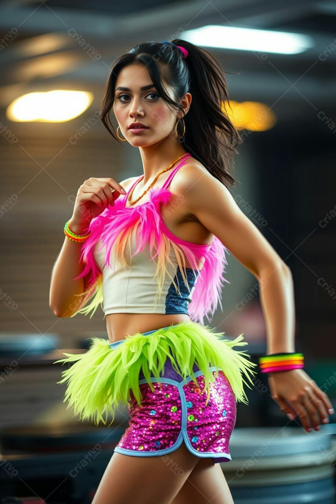 Modelo usando roupa brilhante e penas