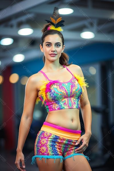 Mulher Aluna De Academia Com Fantasia De Roupa De Carnaval Colorida