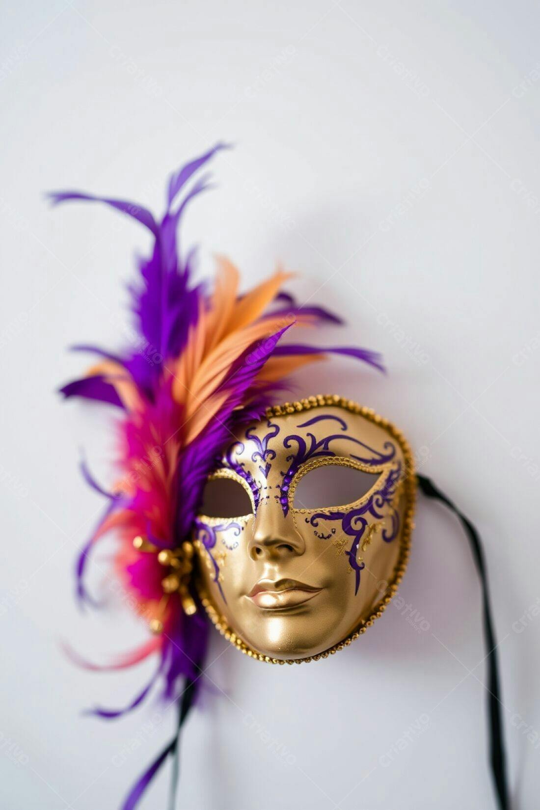 Máscara Dourada com Penas Roxo e Laranja