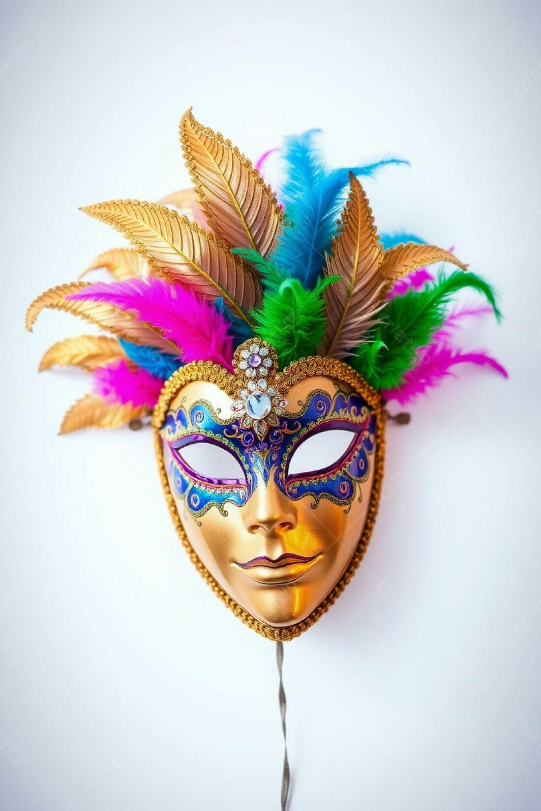Máscara de Carnaval Dourada com Penas Coloridas