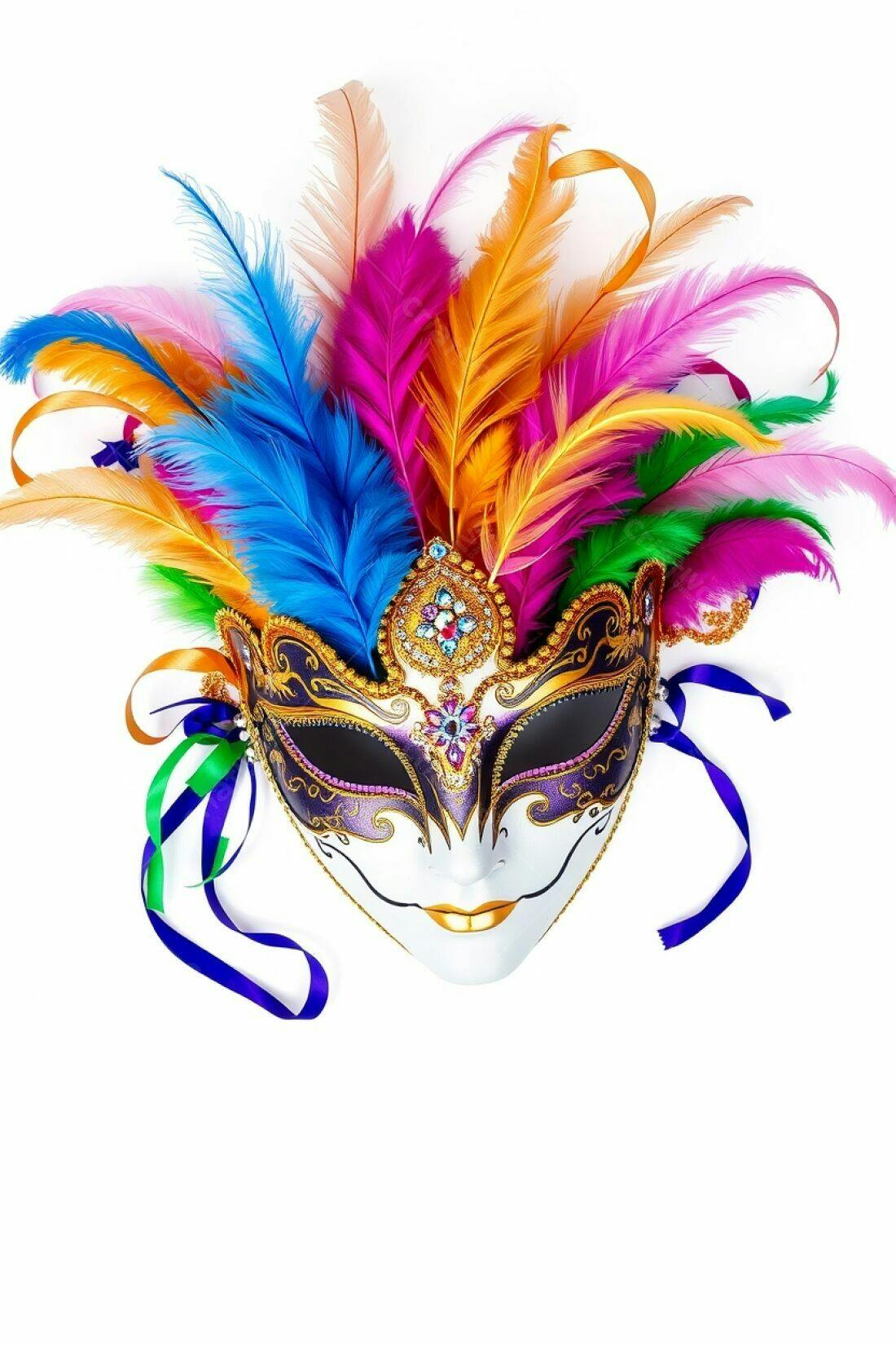 Máscara de Carnaval colorida com penas