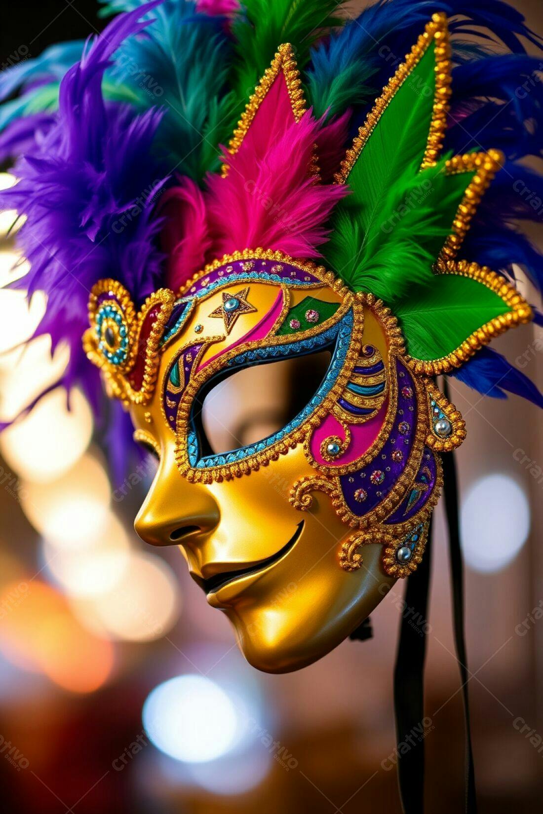 Máscara Dourada com Penas Carnavalescas