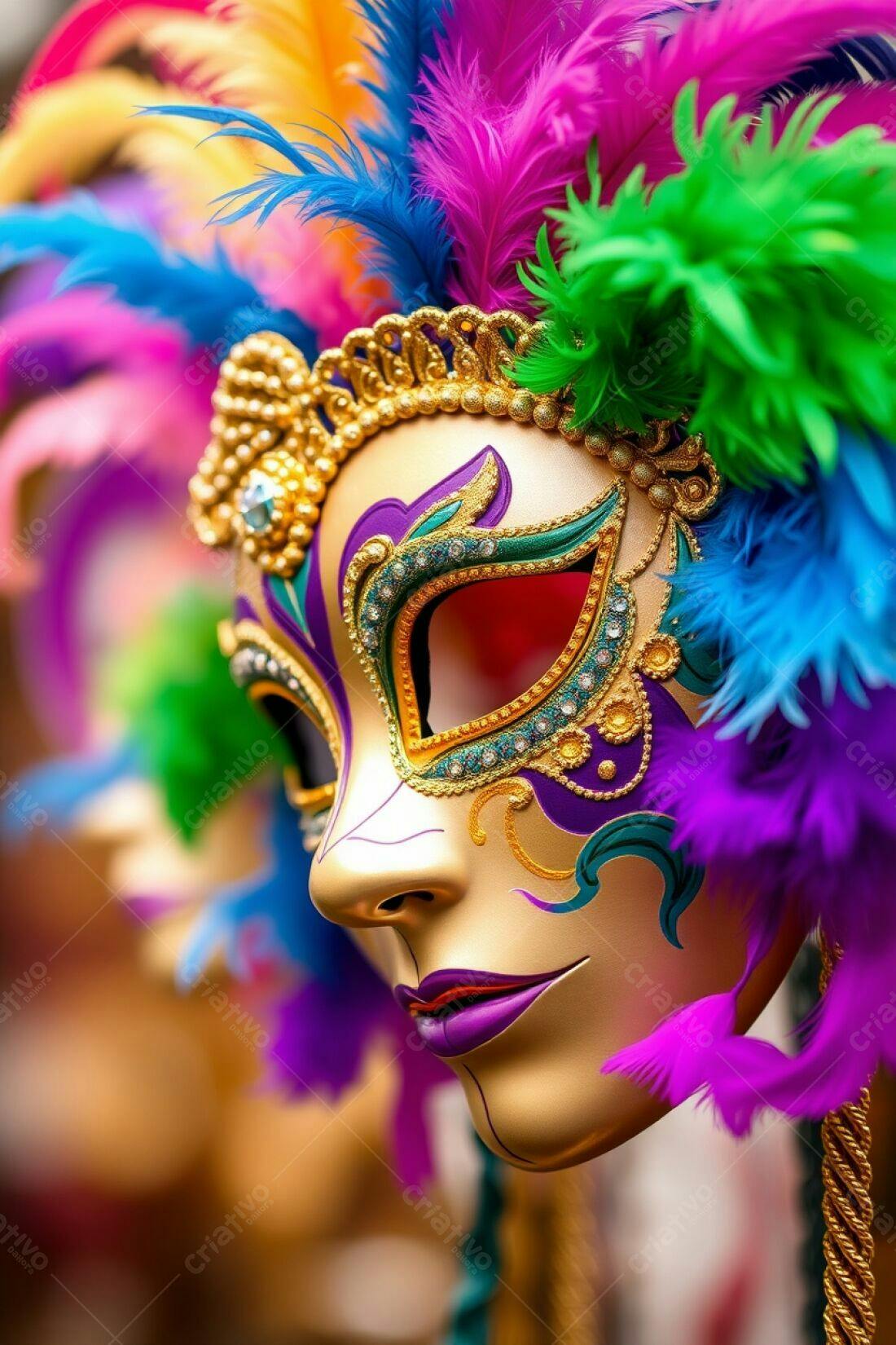Máscara de Carnaval Dourada com Penas Coloridas