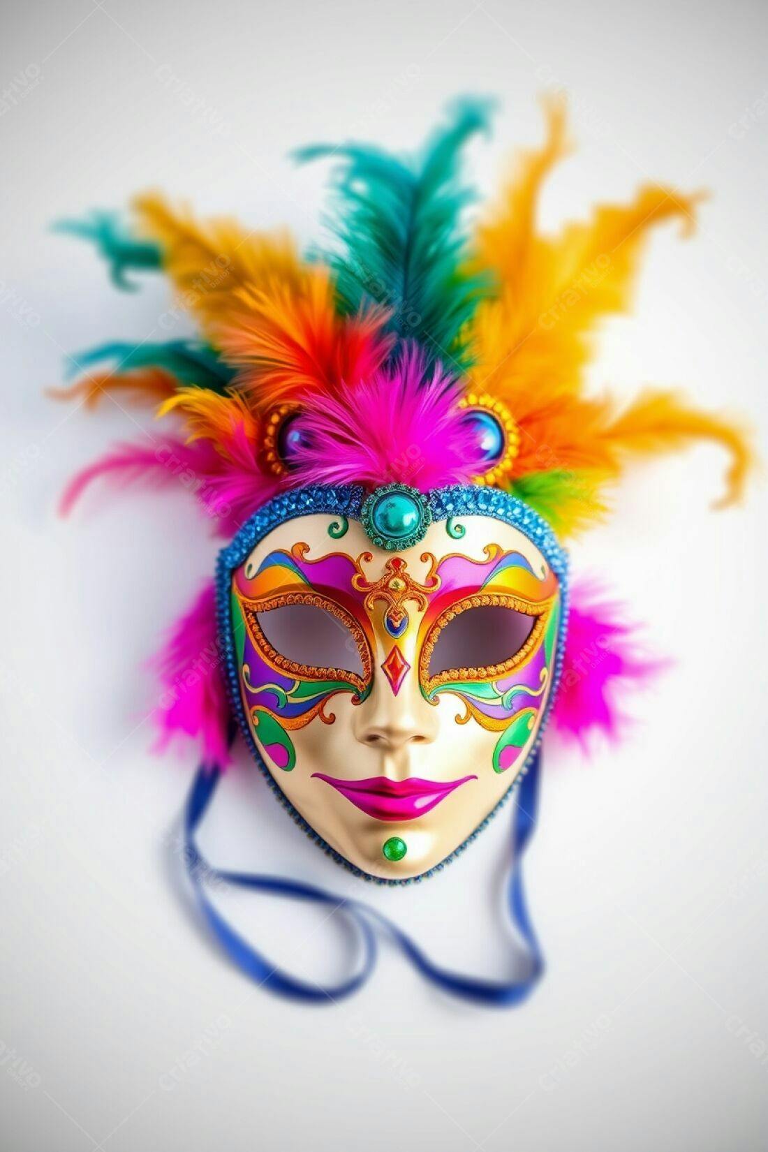 Máscara de Carnaval colorida com penas vibrantes