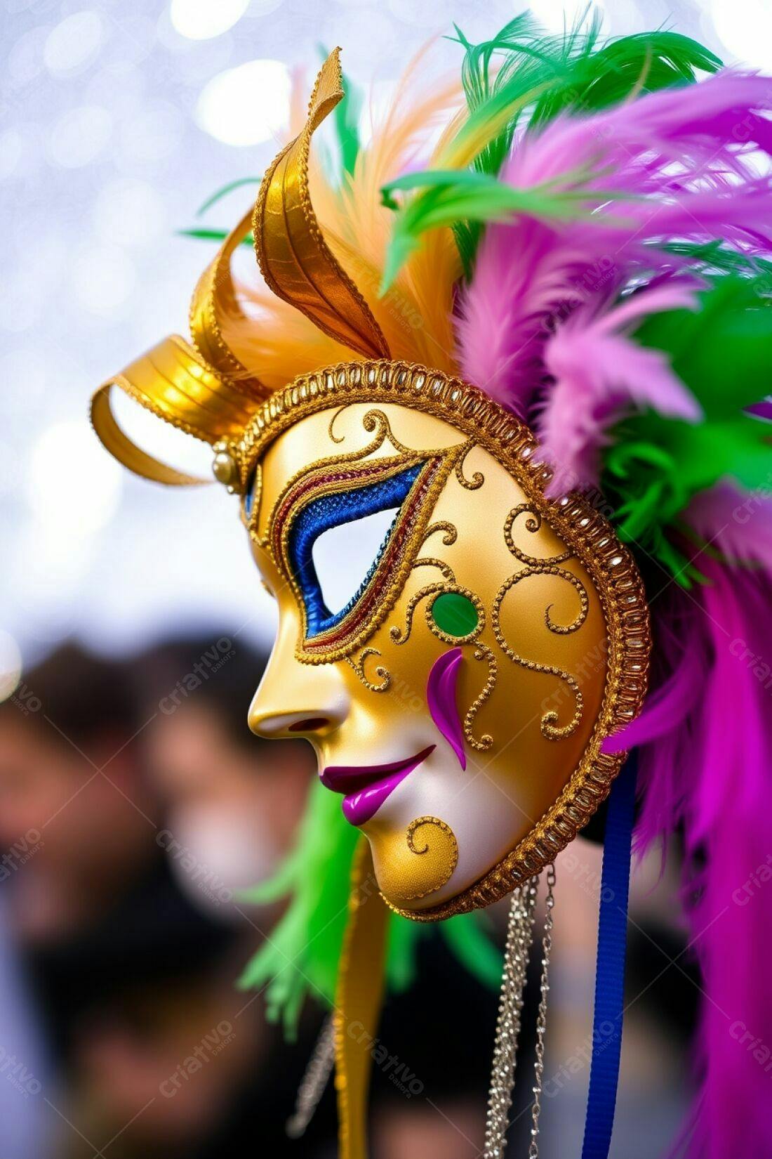Máscara dourada com plumas coloridas Carnaval