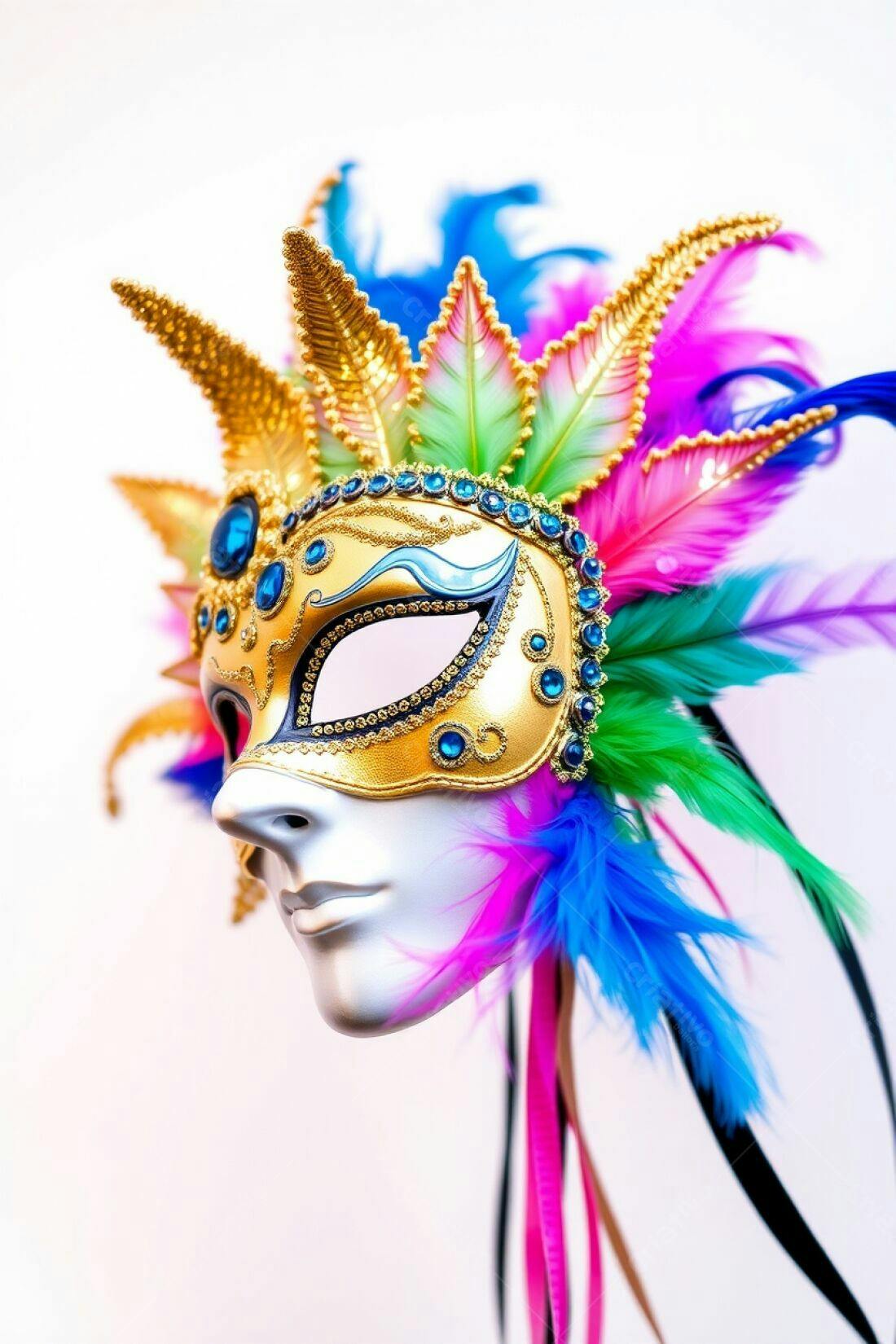 Máscara de Carnaval Dourada com Penas Coloridas