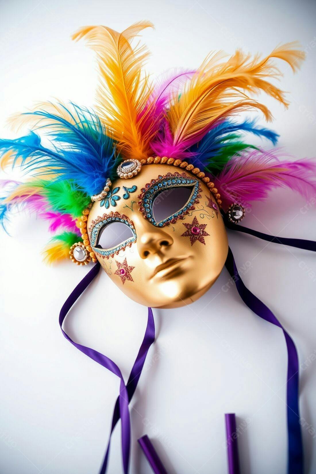 Máscara dourada com penas coloridas para Carnaval